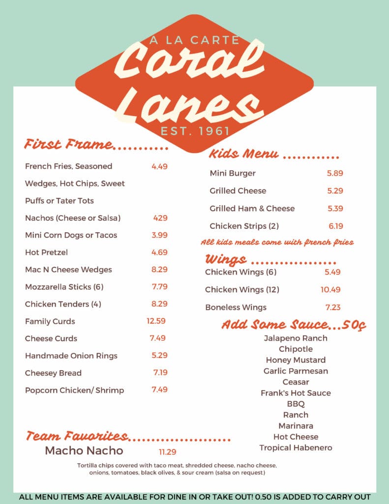 Bar &amp; Grill | Food | Coral Lanes | Rothschild WI